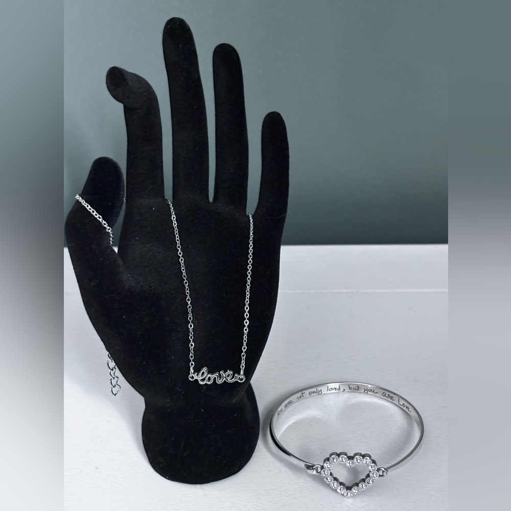 Silver Tone Heart Tension Bracelet and “love” Necklace